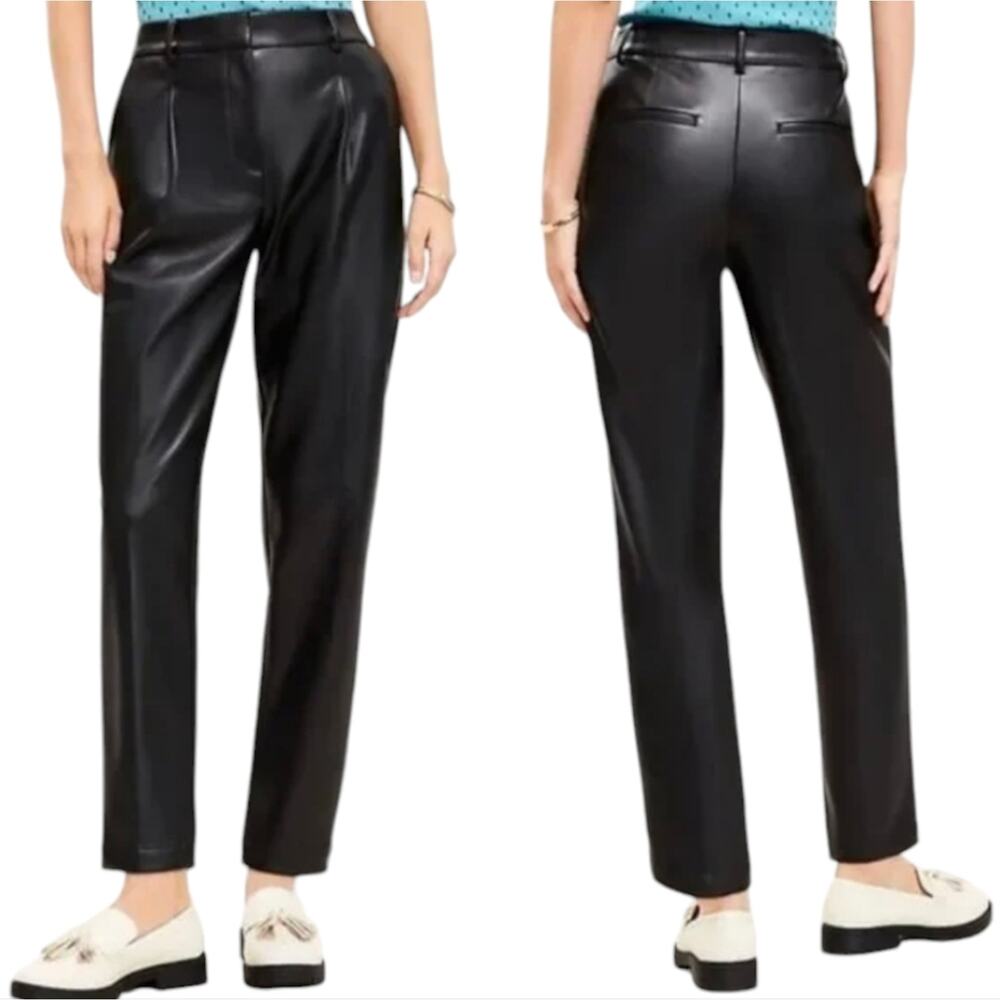Loft Vegan Leather Pleated Trouser Tapered Leg Pants Black High Rise Size 14 New